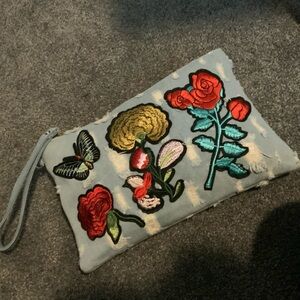 Floral Embroidered Clutch with Wrist Strap